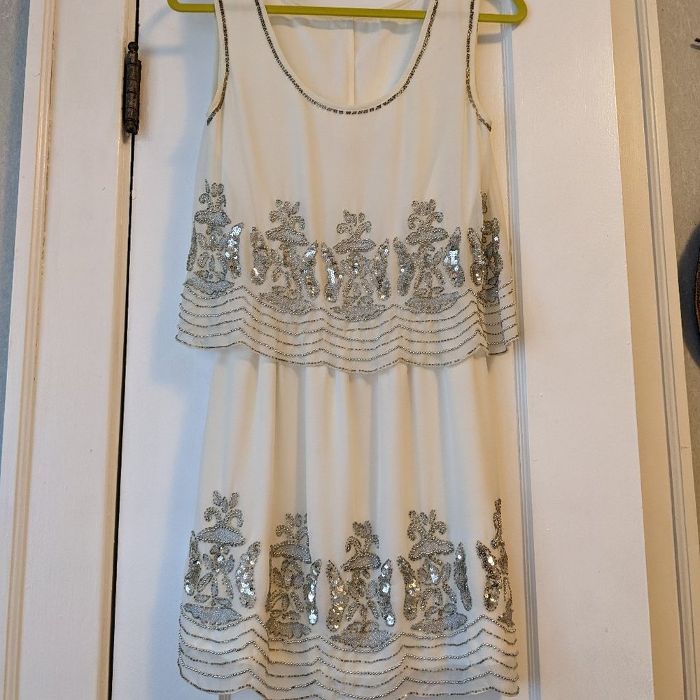 GORGEOUS & VINTAGE! Silver-Beaded White Mini Dress